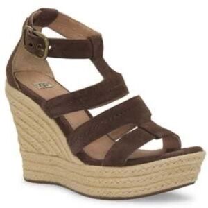 UGG Lauri Chocolate Suede Espadrille Wedges Size 8 Brown